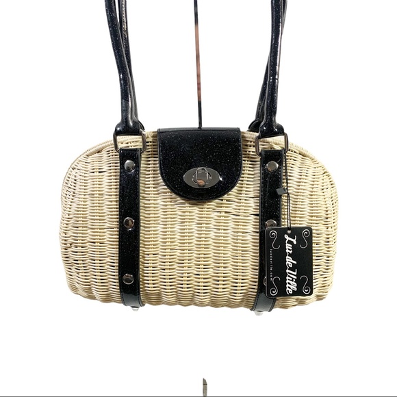 Lux De Ville Purse Romeo Handbag Tote Natural Straw and Sparkle Jet Black - Picture 3 of 5